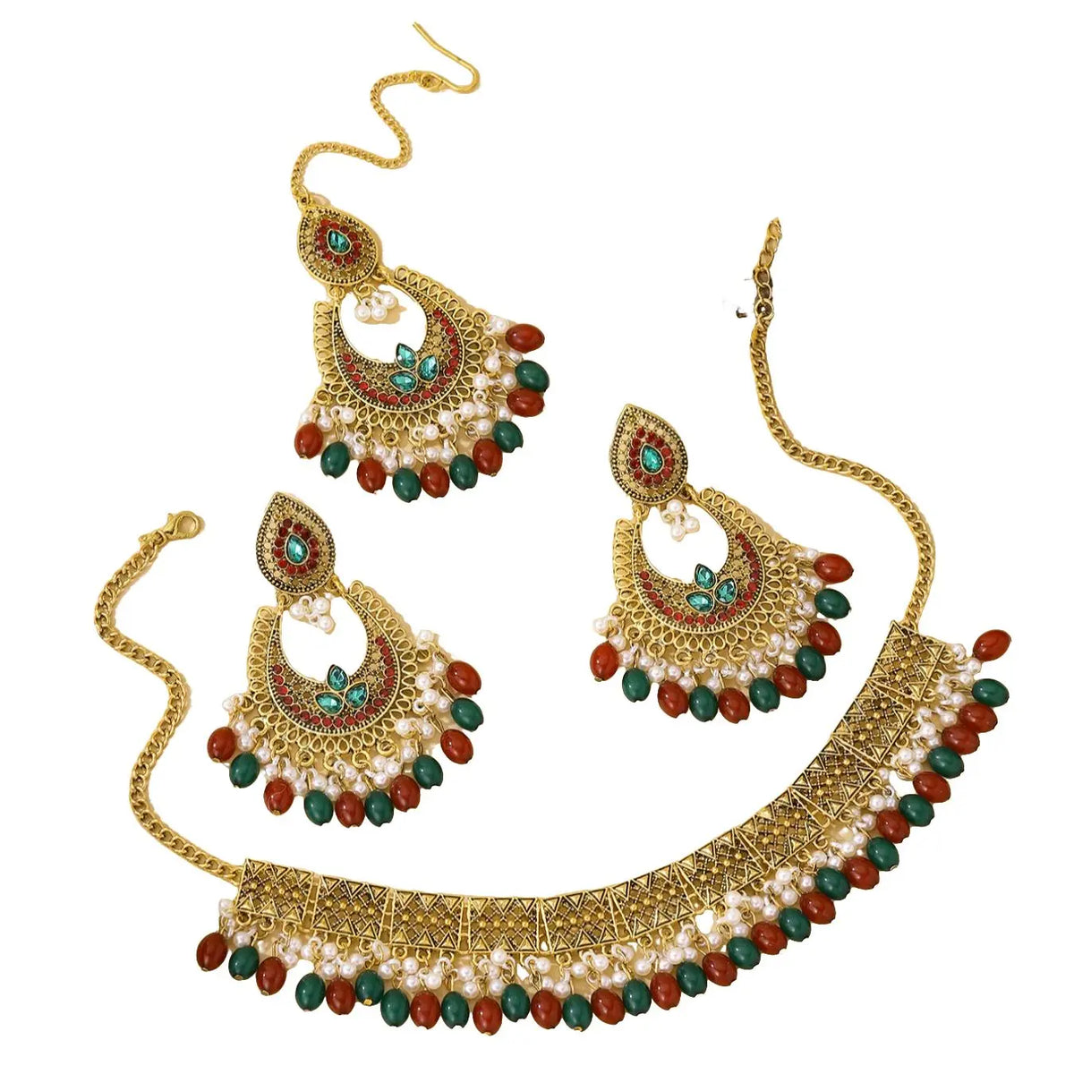 Fashionable Ethnic Style Mangatika Costume Jewelry Set, Bridal Jewelry Set for Wedding, Includes Head Chain, Necklace, Earrings, Perfect for Brides & Parties