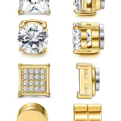 4 Pairs Stainless Steel Magnetic Stud Earrings for Men Women Gold CZ Non-Piercing Clip On Stud Earrings Set Non Pierced Earrings 7-8MM Jewellery Accessories
