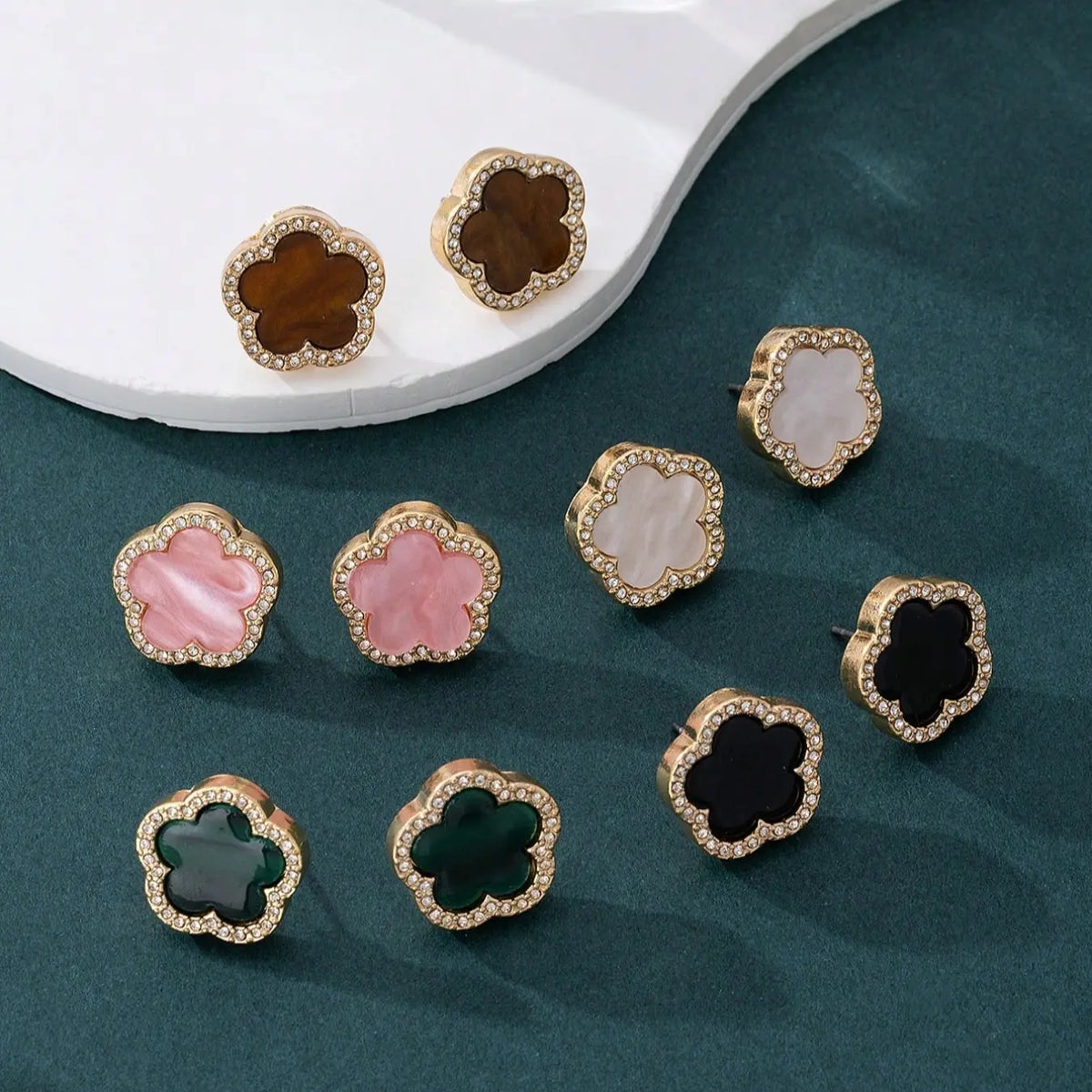 Women's Earring Set, Classic Design, Glass Inlay, Fashionable & Versatile, Lucky Clover Pattern, Elegant Jewelry Gift
