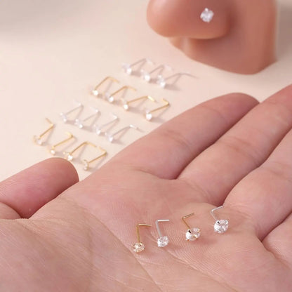 L Shaped Nose Studs, Nose Piercing Jewelry for Women & Men, Chic Body Jewelry, Stainless Steel Body Jewelry for Parties and Daily Wear, Rhinestone Nose Studs, Body Jewellery