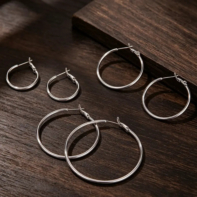 Women's Oversize Hoop Earrings Set - 3 Pairs (40mm, 50mm, 60mm) Thin Silver Big Hoops, Hypoallergenic Circle Earrings for Daily Wear, Fashionable Multi-Size Bold Design Accessories for Women