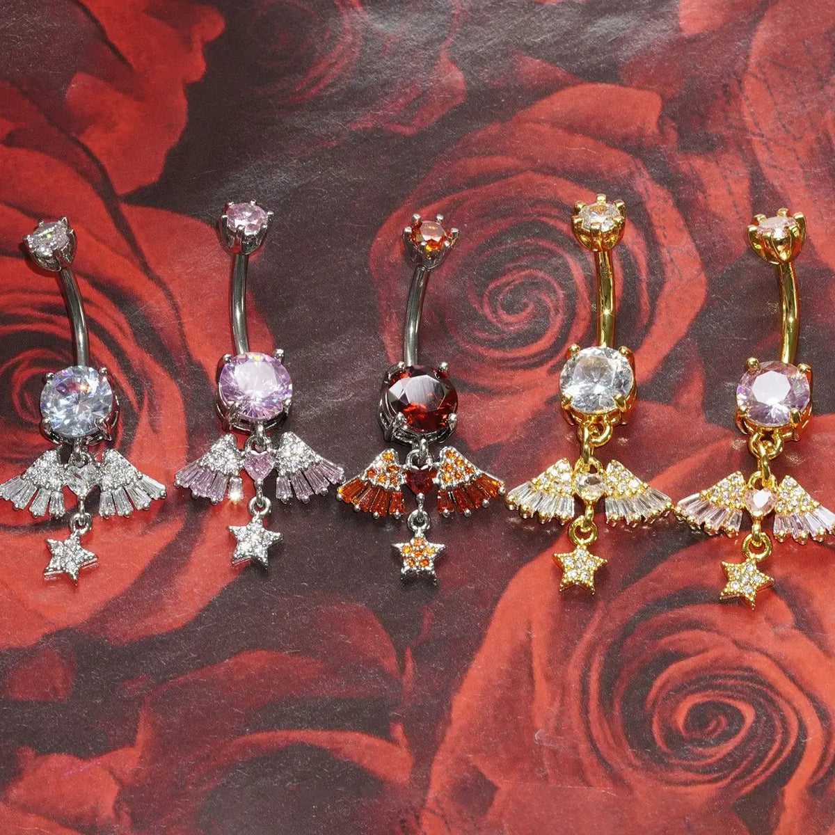 Summer Fashion Unique Design Artificial Zircon Star Wing Pendant Navel Ring, Navel Piercings, Fashion Sweet Style Stainless Steel Belly Button Piercing Jewelry, Belly Button Rings