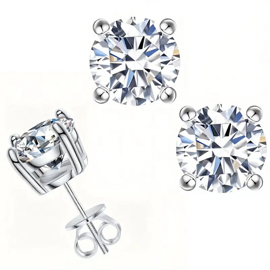 Round Silver-Plated Zircon Stud Earrings - 2-Carat (x2), 8mm, Screw-Back Closures, 4 Total Carats, Precision-Cut, Unisex Custom-Made Jewelry, Secure Fit, Silver-Plated Finish Resists Dullness, Elegant Bling Accessory, Milestone Moment Gift