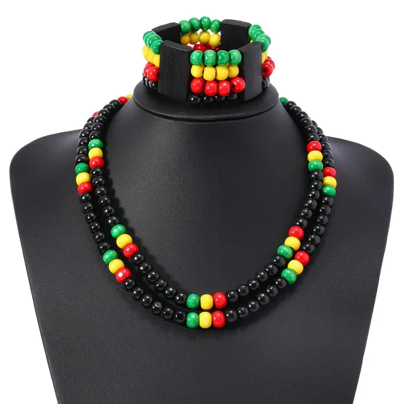 Bohemian Double-layer Colorful Beads Necklace & Bracelet Set, Retro Red Yellow Green Round Wood Bead Ethnic Necklace Multi-layer Bracelet Women Men Handmade Beaded Jewelry Set