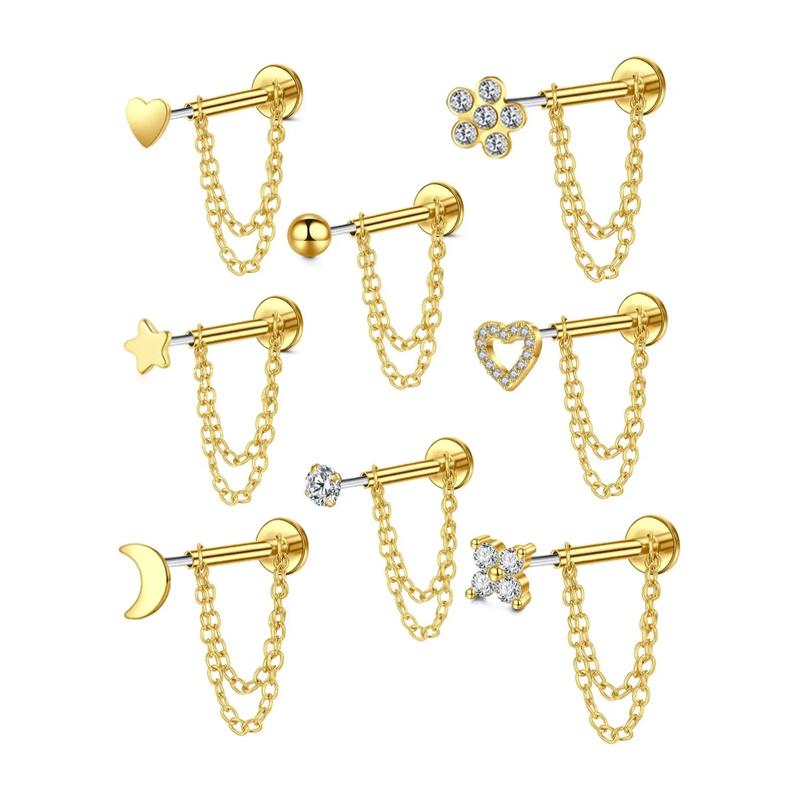 Unisex Stainless Steel Cz Heart Chain Earrings, 20g Push-Back Studs, Fashionable Jewelry Gift for Birthdays & Special Occasions, Chain Style, Trendy Fashionable Accessories, Zircon Stud Earrings, Cubic Zirconia
