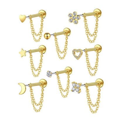 Unisex Stainless Steel Cz Heart Chain Earrings, 20g Push-Back Studs, Fashionable Jewelry Gift for Birthdays & Special Occasions, Chain Style, Trendy Fashionable Accessories, Zircon Stud Earrings, Cubic Zirconia