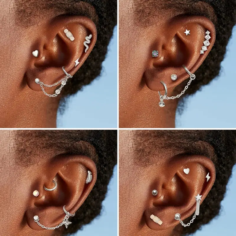 LOLIAS Women's 33Pcs 20G Surgical Steel Cartilage Earring Set - Hypoallergenic Flat Back/Push Back Studs, Hoops, 7 Chain Dangles, Trendy Iridescent Chain, CZ Opal Jewelry for Conch Piercings, Earring Stack, 10mm, Birthday Gift, Body Piercing Kit