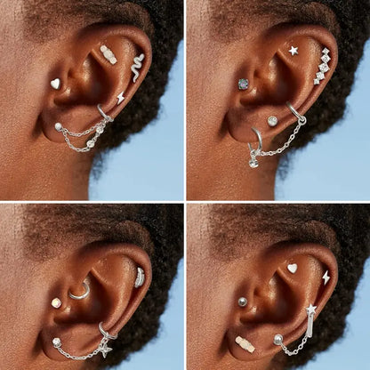 LOLIAS Women's 33Pcs 20G Surgical Steel Cartilage Earring Set - Hypoallergenic Flat Back/Push Back Studs, Hoops, 7 Chain Dangles, Trendy Iridescent Chain, CZ Opal Jewelry for Conch Piercings, Earring Stack, 10mm, Birthday Gift, Body Piercing Kit
