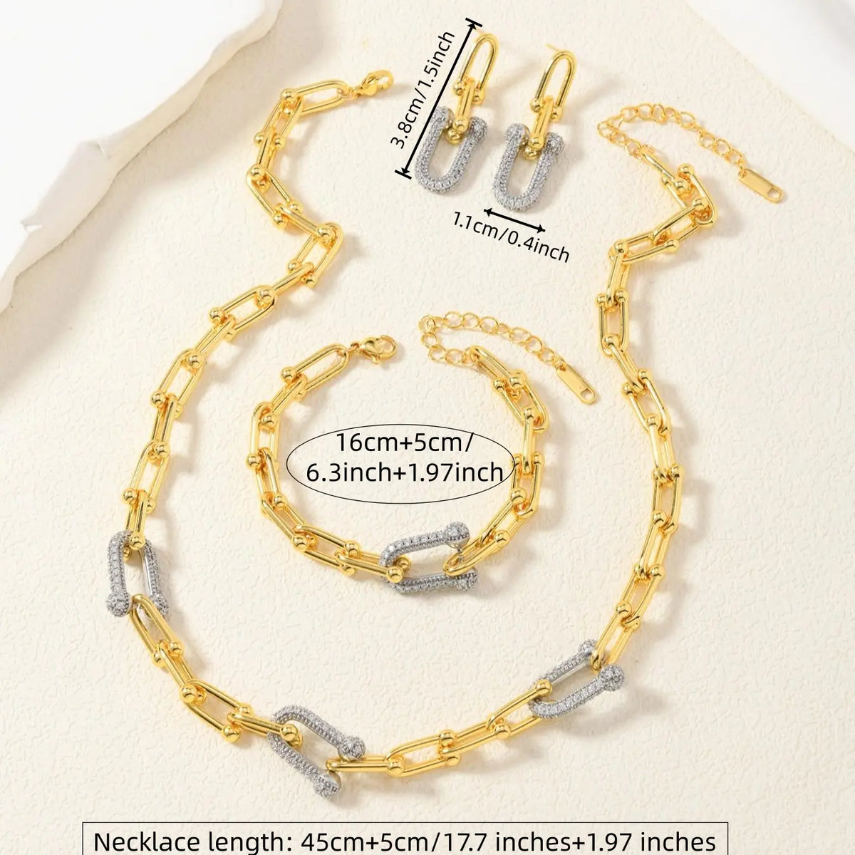 Stainless Steel Jewelry Set with Rhinestones, U-Shaped Clasp Necklace Bracelet Earrings, Casual Style for All Seasons, Elegant Jewelry Set, Fashion Jewelry Set, Jewellery Gift Set, Jewelry Gift Set