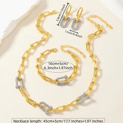 Stainless Steel Jewelry Set with Rhinestones, U-Shaped Clasp Necklace Bracelet Earrings, Casual Style for All Seasons, Elegant Jewelry Set, Fashion Jewelry Set, Jewellery Gift Set, Jewelry Gift Set