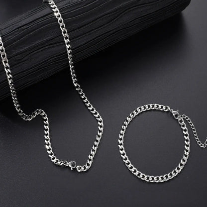 2pcs/Set Men's Minimalist Solid Color Stainless Steel Cuban Link Necklace And Bracelet, Hip-Hop Fashion Jewelry, Fashionable Jewelry Set, Versatile Accessory, Elegant Jewelry, Christmas, Valentine's Day, New Year Holiday Gift