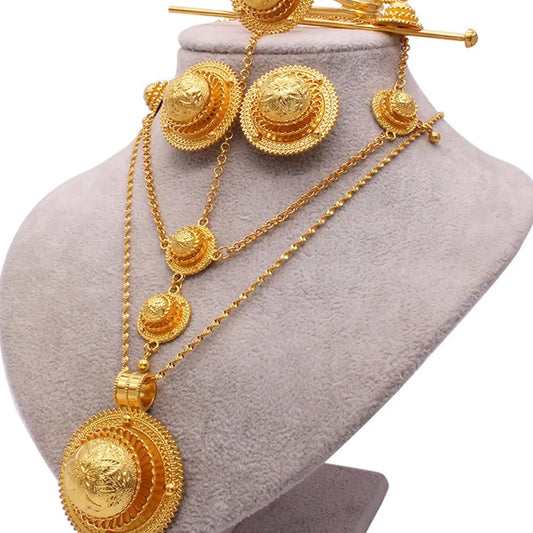 Golden Plated Ethnic Costume Elegant Jewelry Set for Women – 6PCS Bridal Jewelry Set with Hair Accessories, Earrings, Necklace, Bangle, Ring, Hairpin – Vintage Carved Floral Design, Perfect for Wedding, Party, Festival, Daily Wear
