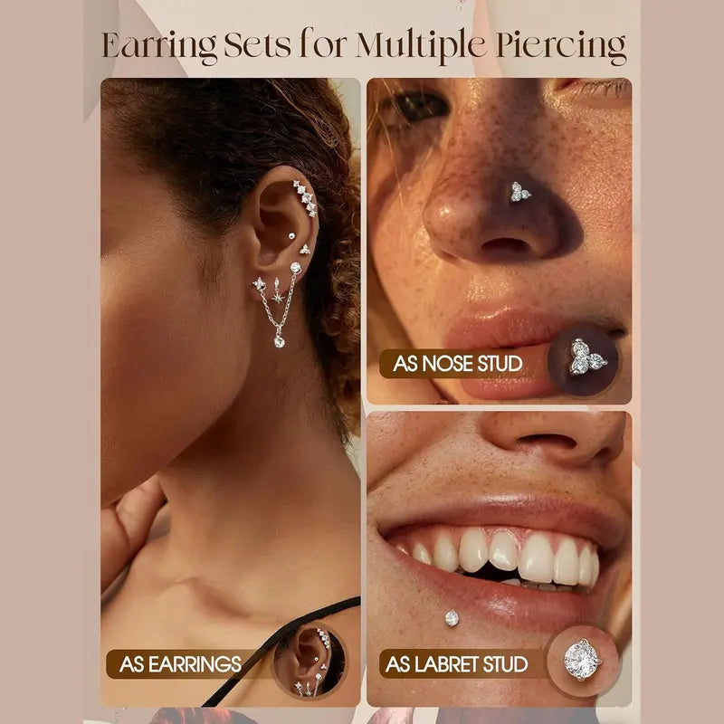 Milacolato 16pc Gift-Ready Elegant Surgical Steel Piercing Jewelry Set for Women, 16G-20G Push-In Easy Threadless Flat Back CZ Studs & Hoops - Nose Piercing, Labret, Conch Earrings, Mom Gifts, Casual Wear