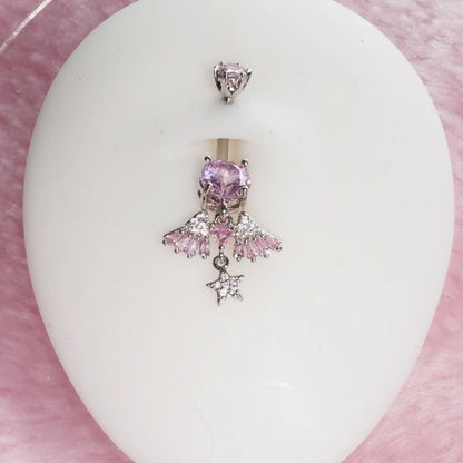 Summer Fashion Unique Design Artificial Zircon Star Wing Pendant Navel Ring, Navel Piercings, Fashion Sweet Style Stainless Steel Belly Button Piercing Jewelry, Belly Button Rings