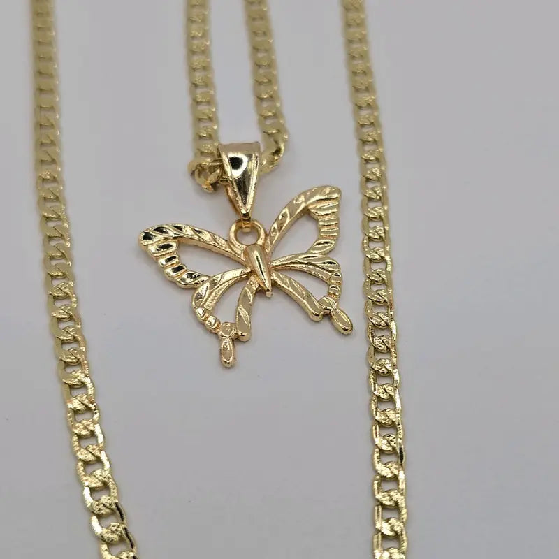 Butterflies' beautiful set of necklace with ID bracelet Cuban link style gold-plated fancy