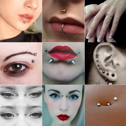 Non-Piercing Fake Eyebrow & Lip Labret Studs Set, Silver Color, 3/4/5mm Sizes, 100pcs Adhesive Included, Spike Design, Fake Piercings