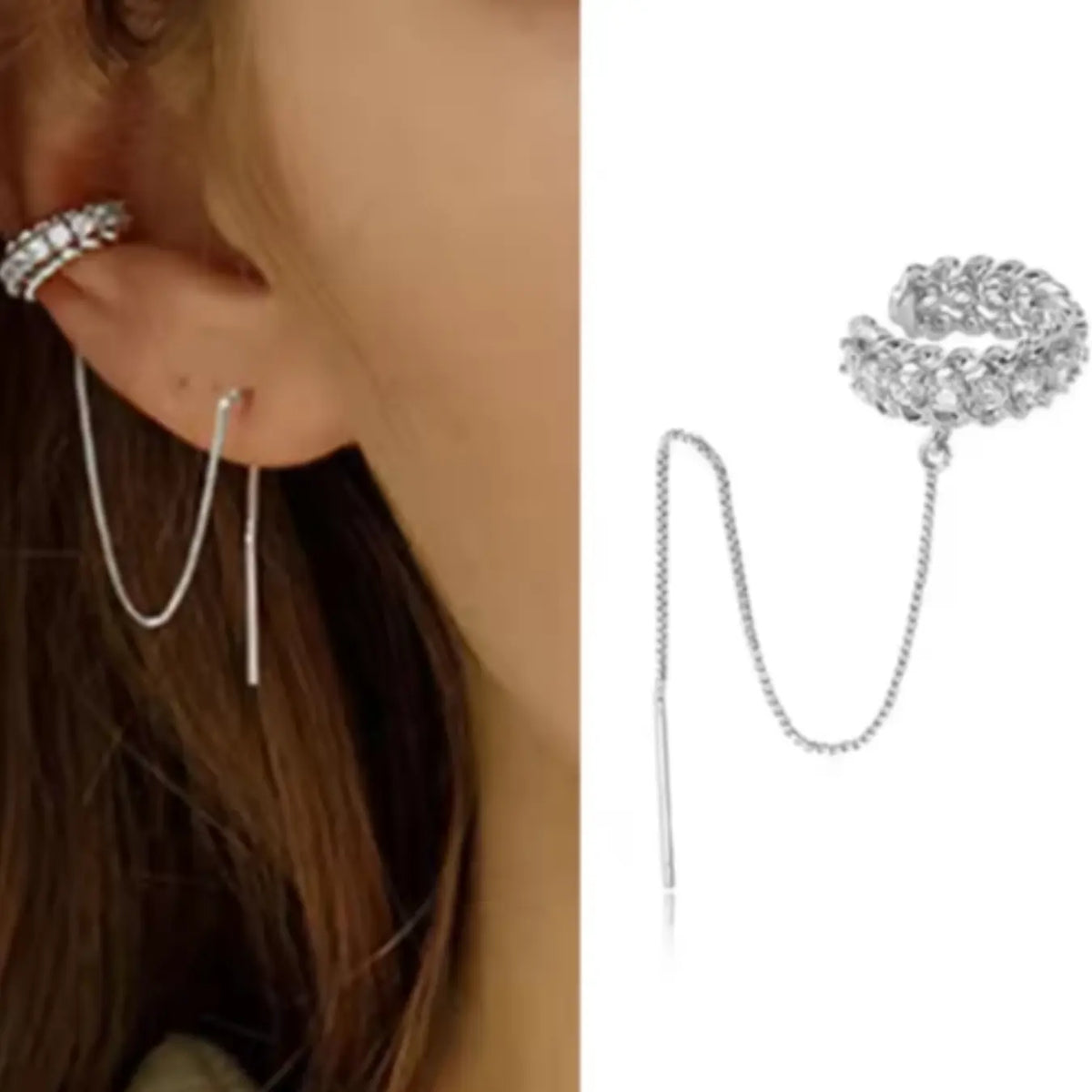 Women's Elegant Rhinestone & Chain Design Ear Cuff, Exquisite Long Thread Earrings, Chic Gorgeous Jewelry As Gift for Girlfriend, Trendy Jewelry, Ear Accessories, Trendy Fashionable Accessories