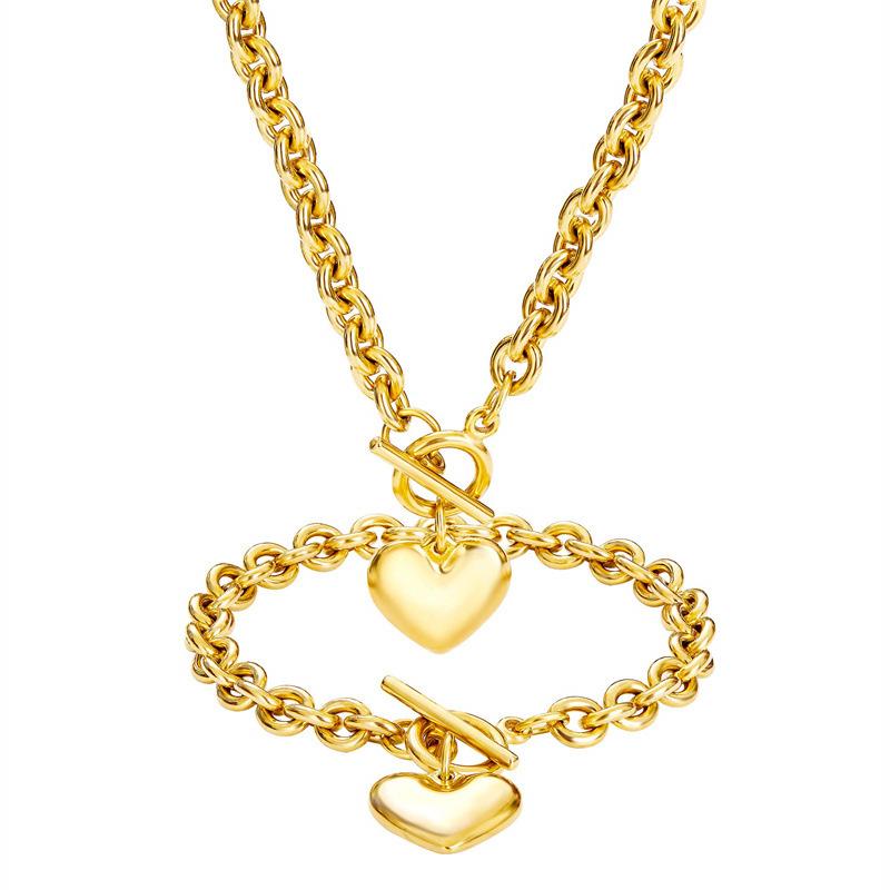 Women's Fashionable 2-Piece Stainless Steel Gold Hearts Jewelry Set - 0.3in Hypoallergenic Chain & Link Bracelet + 18.9in Necklace, 7.5in Toggle Clasp, Daily Durable Gift for Wife, Daughter_Gold