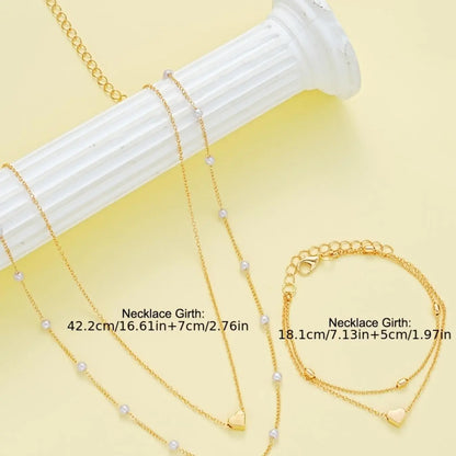 Mother's Day Gift Women's Elegant Faux Pearl Decorated Heart Design Jewelry Set, Trendy Exquisite Necklace & Bracelet, Chic Jewelry Set As Gift for Girlfriend, Fashionable Jewelry Set, Jewellery Gift Set, Heart Shine Set