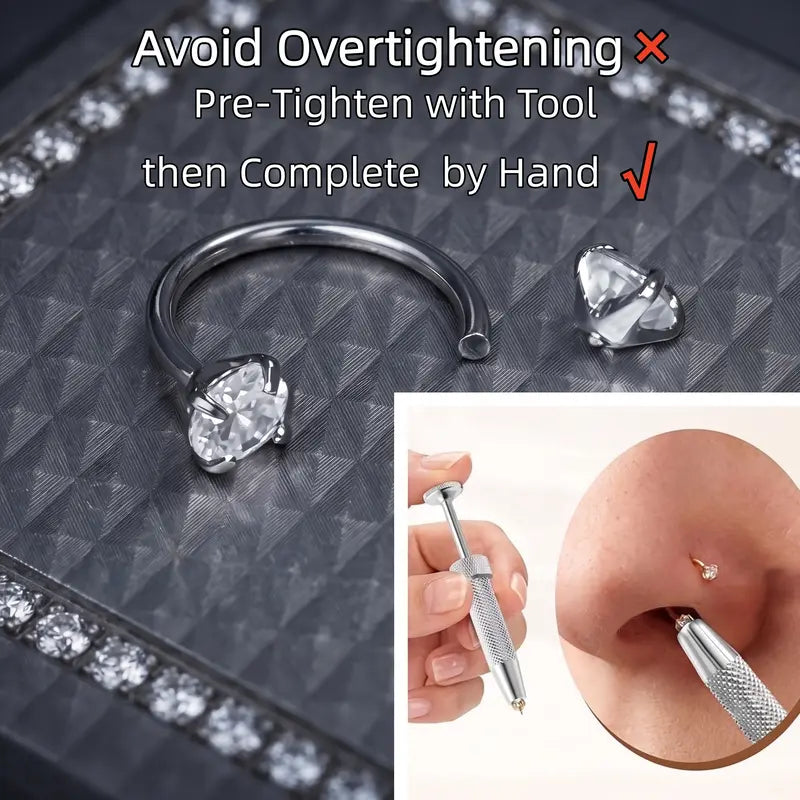 20G(0.8mm)/18G(1.0mm) 8mm Horseshoe Nose Hoop Internally Threaded Gems Nose Ring with Free Ball Holder | Caution: Avoid Overtightening; Pre-Tighten with Provided Tool then Complete Tightening by Hand