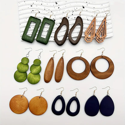 Women's Geometric Wood Earrings, Teardrop/Round/Rectangle Shapes, Boho Style Jewelry, Bohemian Earrings, Vintage Fashion Statement Earrings, Versatile Earrings for Daily Wear, Gift Idea