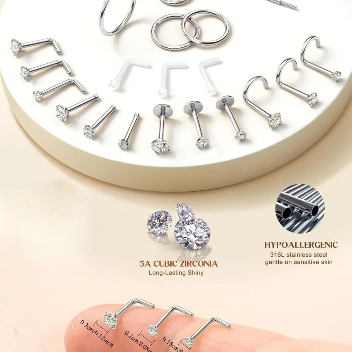 Gold Filled Nose Rings Studs Hinged Nose Hoops for Women Men: Body Piercing Jewelry 20G 18G 316L Surgical Stainless Steel Hypoallergenic Dainty Simulated Diamond L Shaped/Corkscrew/Straight/Push Back Nostril Piercing Jewelry with Rhinestone Nose Ring