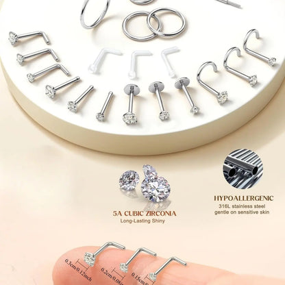 Gold Filled Nose Rings Studs Hinged Nose Hoops for Women Men: Body Piercing Jewelry 20G 18G 316L Surgical Stainless Steel Hypoallergenic Dainty Simulated Diamond L Shaped/Corkscrew/Straight/Push Back Nostril Piercing Jewelry with Rhinestone Nose Ring