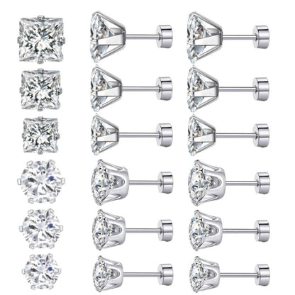 A Set of 12/6 Pairs Cubic Zirconia Stud Earrings,Hypoallergenic Silver Plated Piercing Pack,Clear Square & Round Princess Cut Diamond Simulator for Sensitive Ears,Halloween Christmas Party Fathersdaygift,Hand Tools Kits