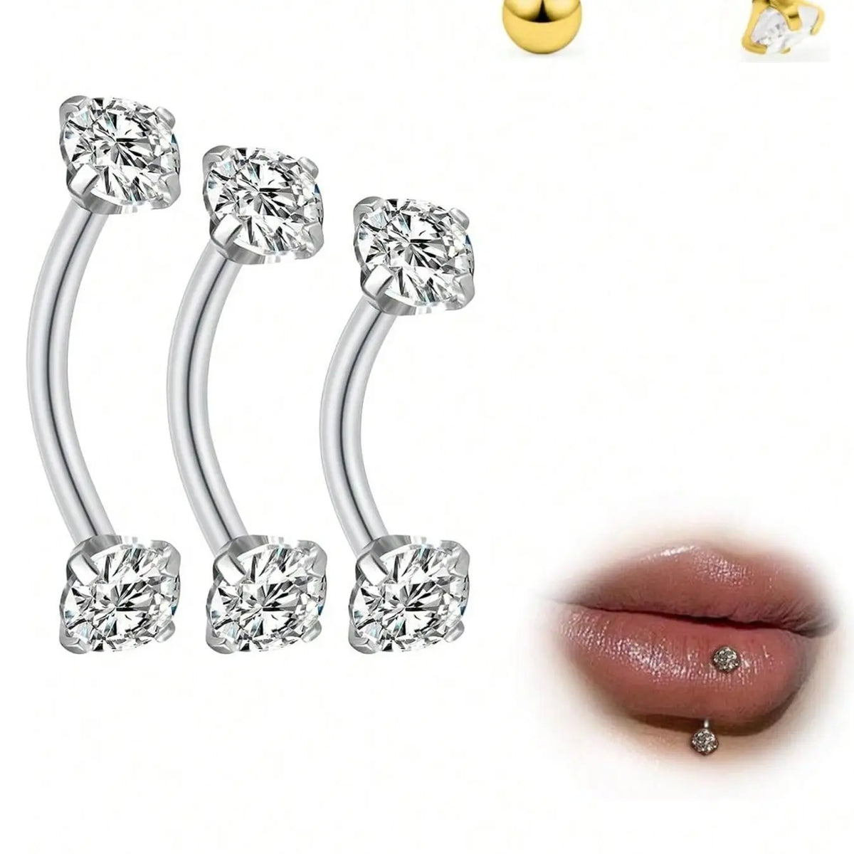 3-Piece Stainless Steel Jewelry Set, Body Piercing Jewelry, Body Jewellery, Eyebrow Lip Belly Button Piercing Rings, Cz Cubic Zirconia Styles, 6-10mm Sizes, All Season Wear