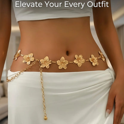 Boho Floral Belt Body Chain Fashion Body Jewelry Pants Skirt Waistband Metal Flower Design Casual Style for Women Daily Party Vacation Wear Metallic Flowers African Waist Jewelry Body jewellery