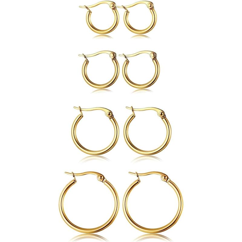CASSIECA 4Pair Stainless Steel Earring Stack Set Hypoallergenic Gold Plated, Silver, Lightweight Classic Hoop Earrings, 10MM 20MM Huggie Hoops Fashion Jewelry Accessories for Summer Sohochic