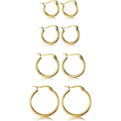 CASSIECA 4Pair Stainless Steel Earring Stack Set Hypoallergenic Gold Plated, Silver, Lightweight Classic Hoop Earrings, 10MM 20MM Huggie Hoops Fashion Jewelry Accessories for Summer Sohochic