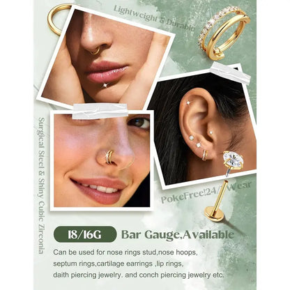 Women's 16G-18G Gold Plated Surgical Steel Body Jewelry Set - Internally Threaded Flat Back Studs, CZ Hoops, 5A+ Cubic Zirconia Stones Shine Bright, Hypoallergenic for Nose, Tragus, Helix Piercings Daily Wear