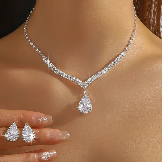 3 Piece Simple Waterdrop Zircon Necklace and Earring Set, Elegant Jewelry Sets for Women, Bridal Wedding Jewelry, Perfect for Weddings and Parties