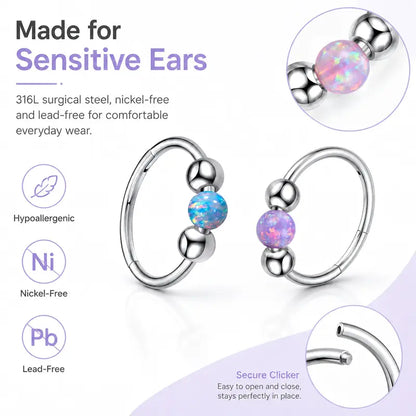 Sicbumi 5Pcs 18G Hinged Huggie Hoop Jewelry - Hypoallergenic 316L Surgical Steel Opal Silver Cartilage Earrings for Women - Fit Helix, Tragus, Earlobe Piercings