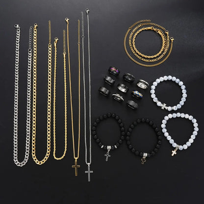 21-Piece Stainless Steel Jewelry Set, Fashionable Jewellery Gift Set, Trendy Jewelry Set, Men's Fashion Casual Punk Cross Pendant Necklace Bracelet Ring Set, Perfect Gift for Father's Day