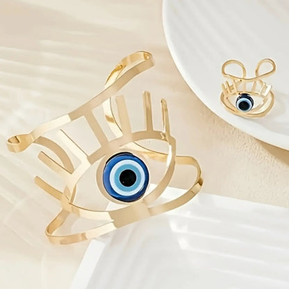 Boho Style Blue Eye Plated Bracelet & Ring Set, Bracelet Jewelry Sets, Spring Summer Versatile Maximalist Jewelry Fashion Accessory, Unisex Jewelry Gift, Perfect for Daily Wear