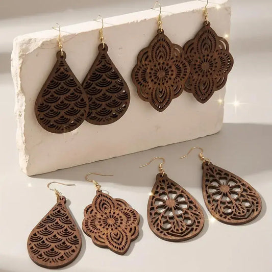 Wooden Hollow Out Design Dangle Earrings, Vintage Style Water Drop Shaped Earrings, Teardrop Dangle Earrings, Fashion Crafted Jewelry Accessories for Women