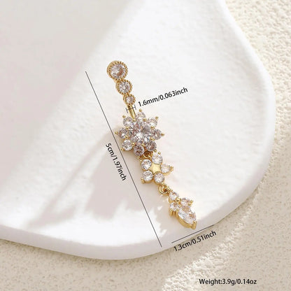 Women's Rhinestone Flowers Decor Belly Ring, Body Piercing Jewelry, Navel Piercing Jewelry, Rhinestone Decorated Belly Button Ring, Elegant Flower Design Belly Piercing for Women, Jewelry Gifts, Body Jewellery