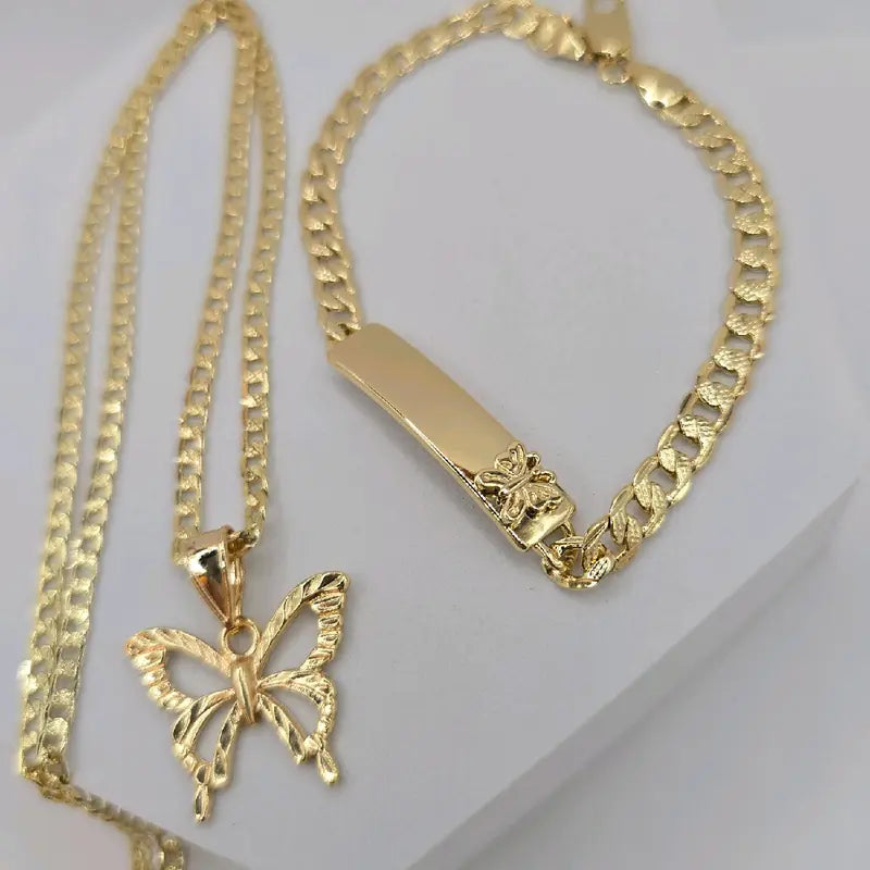 Butterflies' beautiful set of necklace with ID bracelet Cuban link style gold-plated fancy