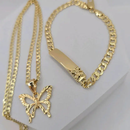 Butterflies' beautiful set of necklace with ID bracelet Cuban link style gold-plated fancy