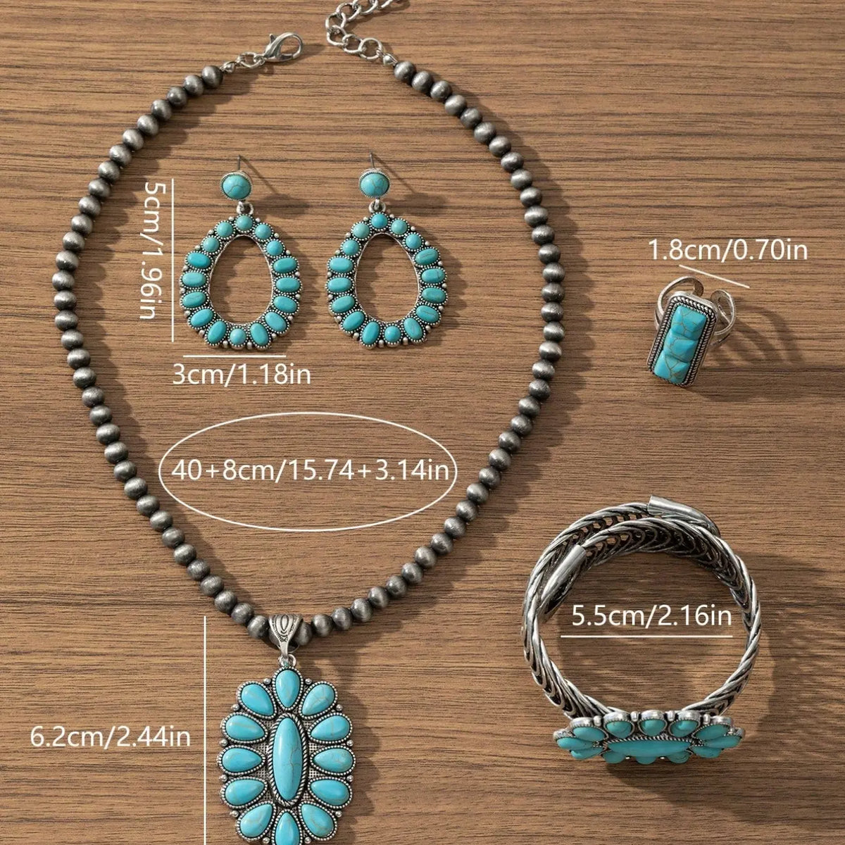 4 Pcs Bohemian Vintage Personalized Waterdrop Geometric Zinc Alloy Turquoise Necklace, Earrings, Bracelet and Ring Set, Elegant Boho Jewelry Set, Suitable for Daily Wear, Party and Holiday Outfits
