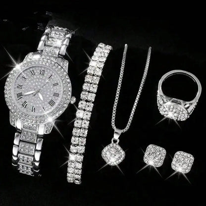 Women's Elegant Fashion Watch & Jewelry Set, Fashion Round Dial Wristwatch & Rhinestone Decorated Ring & Pendant Necklace & Bracelet & Ring, Exquisite Watch Set for Women