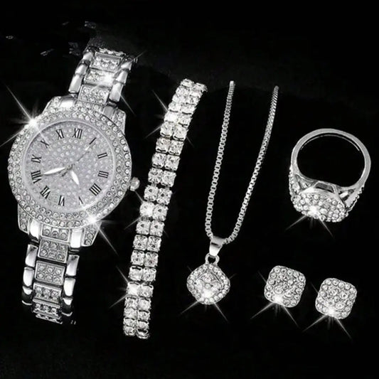 Women's Elegant Fashion Watch & Jewelry Set, Fashion Round Dial Wristwatch & Rhinestone Decorated Ring & Pendant Necklace & Bracelet & Ring, Exquisite Watch Set for Women