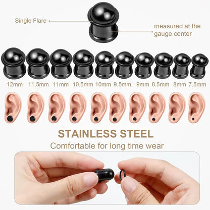 Stainless Steel Ear Stretching Kit (12-26Pcs) - 1-7mm/7.5-12mm Plugs with O-Rings, Jojoba Oil Aftercare, Gauge Tunnels for Stretched Ears Style, Body Piercing Jewelry for Adults, Ear Gauge Tunnels