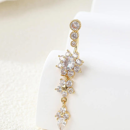 Women's Rhinestone Flowers Decor Belly Ring, Body Piercing Jewelry, Navel Piercing Jewelry, Rhinestone Decorated Belly Button Ring, Elegant Flower Design Belly Piercing for Women, Jewelry Gifts, Body Jewellery