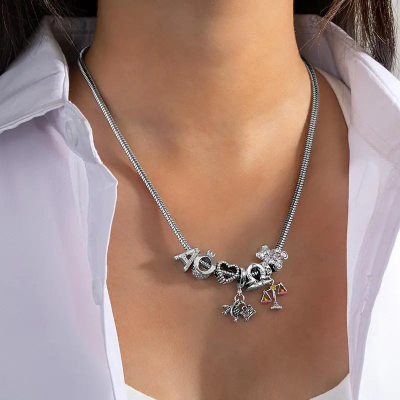 Women's Whimsical Bear Zodiac 2-Piece Zirconia Jewelry Set - Sparkling Zircon Heart Initial Necklace & Bracelet, Cute Animal Costume Accessories, Casual Daily Wear for Women, Cute Accessories