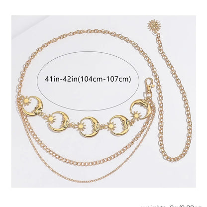 Women's Layered Metal Chain Belt, Gold‑Tone or Silver‑Tone Waist Chain with Moon and Sun Charms, Adjustable Decorative Body Jewelry for Dresses, Skirts, Parties, and Festival Outfits