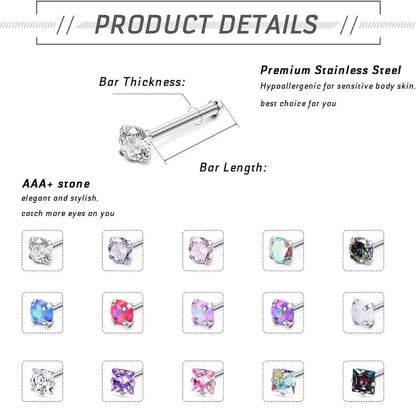 Hypoallergenic Nose Rings Set, 15 Pcs 18g & 20g Stainless Steel, L-Shaped Screw Studs with Cz Stones, Unisex Body Jewelry, Nose Piercing Jewelry, Cartilage Stud, Body Piercings