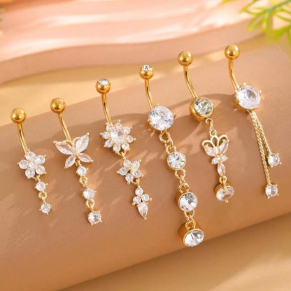 Women's Elegant Butterfly & Flower Design Belly Rings, Stainless Steel Belly Button Rings, Cute Trendy Belly Piercing Jewelry, Navel Piercing Jewelry, Fashion Body Jewelry, Body Jewellery for Party & Daily Decor